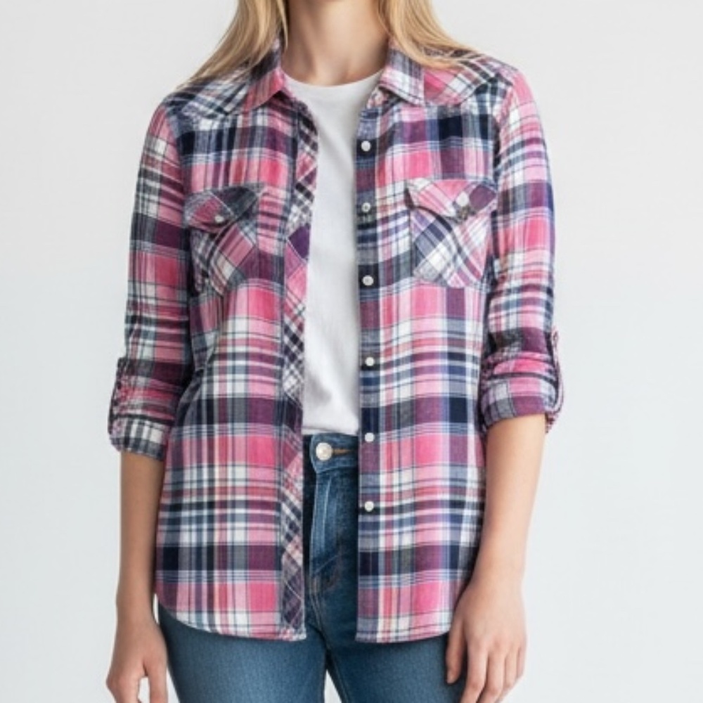 Y2K American Eagle Outfitters Pink White & Blue Plaid Button Down Shirt SZ Small
